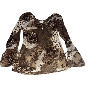 Rema Women's Long Sleeve Sheer Brown Bell Sleeve Blouse Size Small Boho Floral